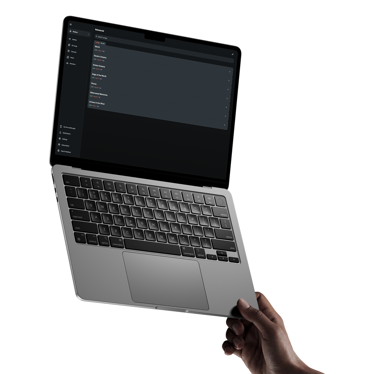 Band Companion setlists shown on a laptop