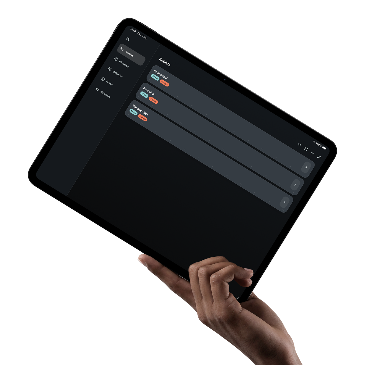Band Companion setlists shown on a tablet