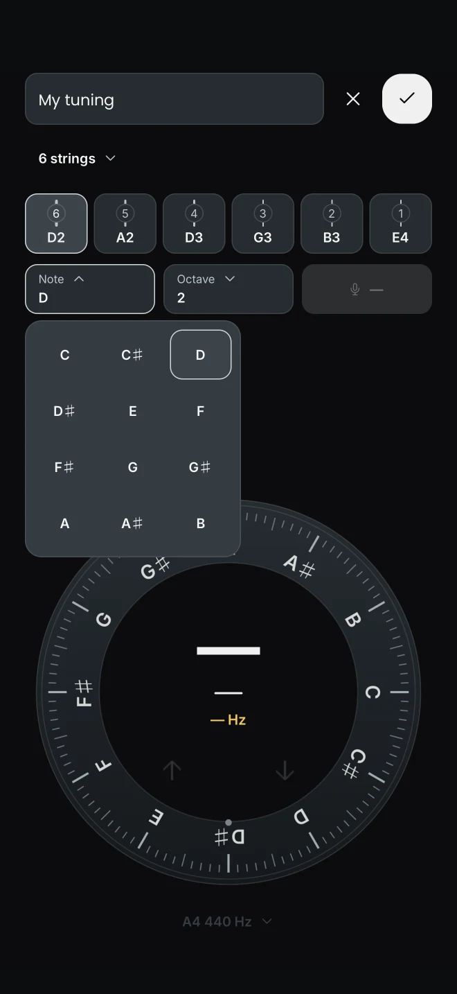 Choosing a note while creating a custom tuning in Tuner