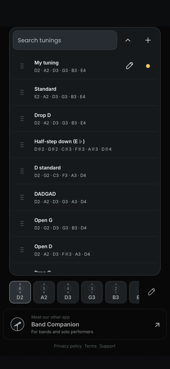 Saved tunings with drag handles, search and a custom preset first