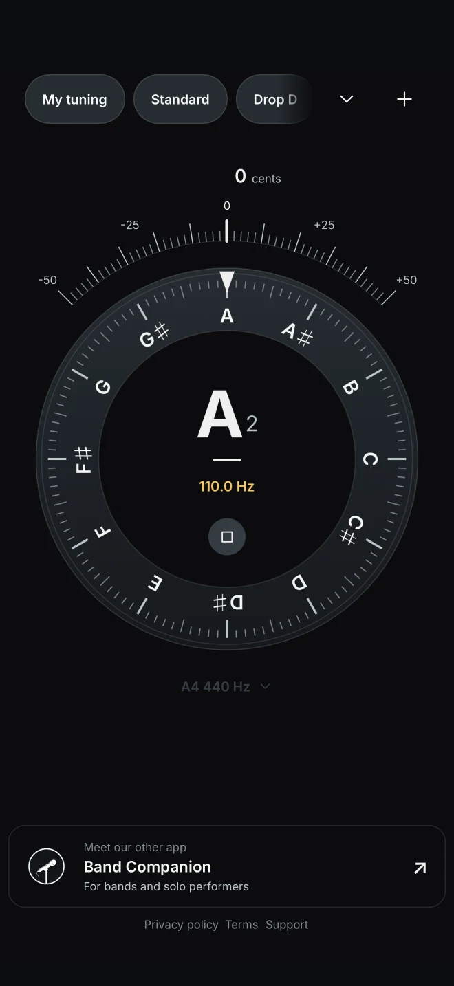 Tuner playing an A2 reference tone with playback controls