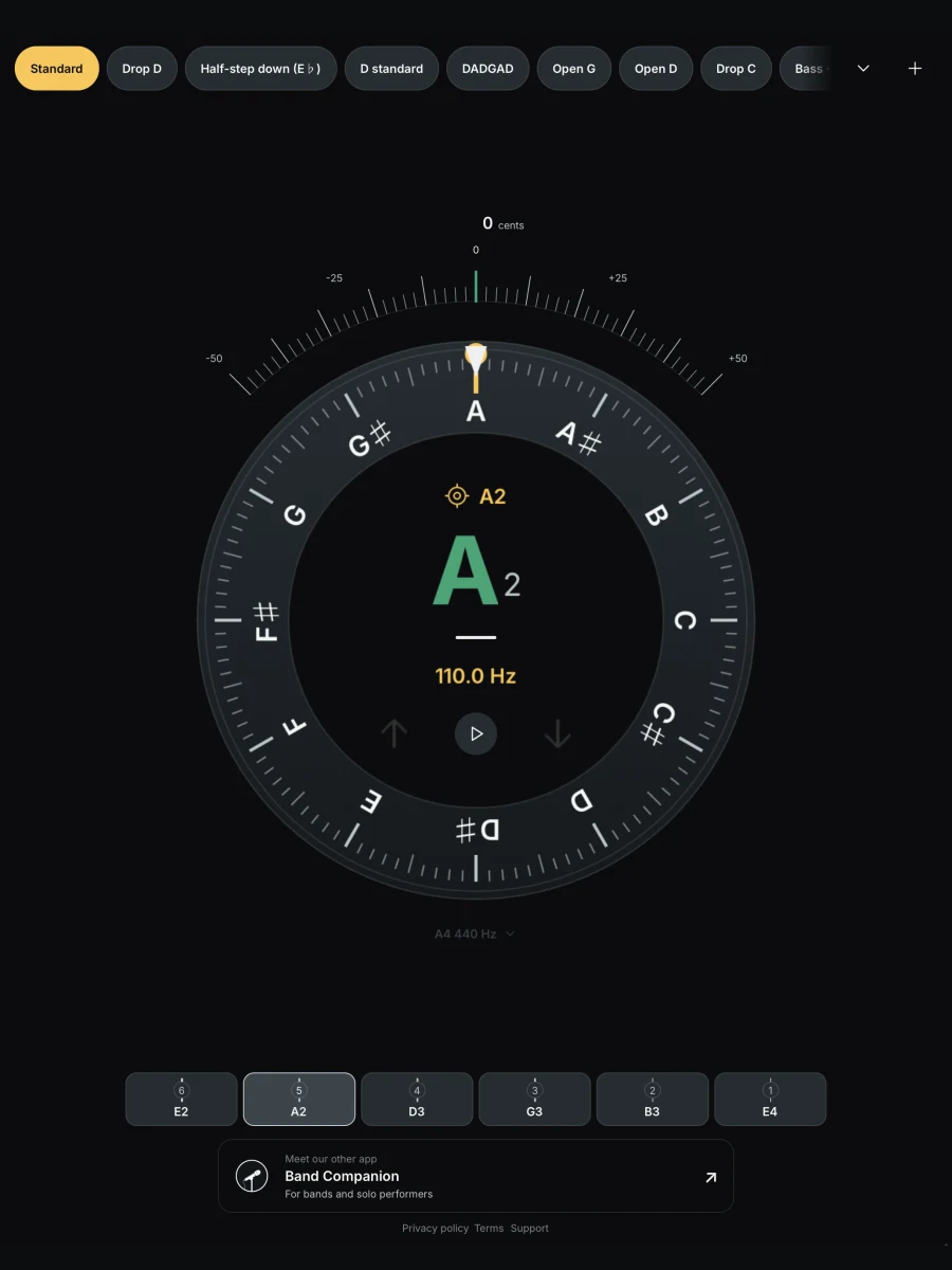 Standard tuning with the A2 string selected at 110 Hz