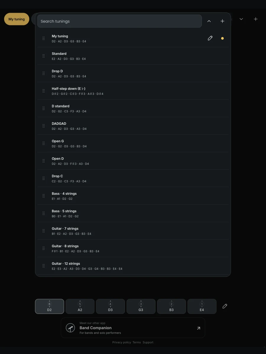Saved tunings with drag handles, search and a custom preset first