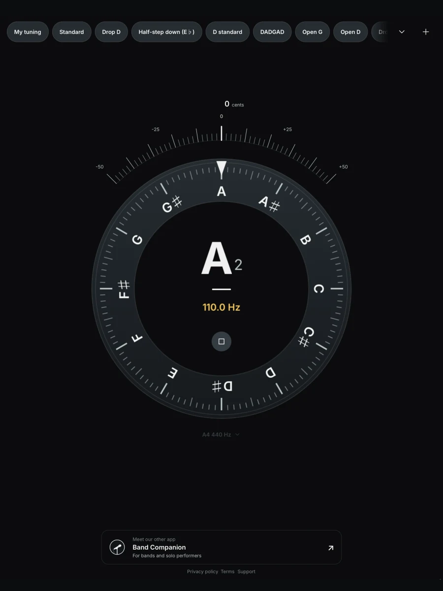 Tuner playing an A2 reference tone with playback controls